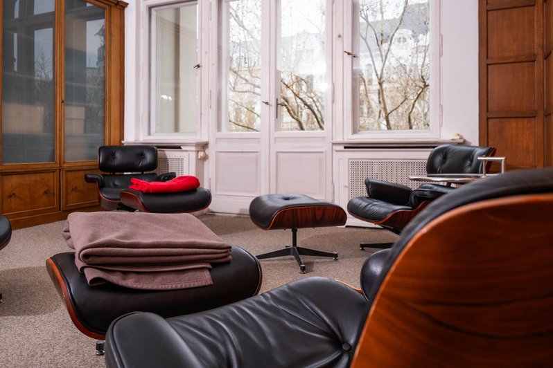 Gemütlicher Gruppenraum der Oberberg Tagesklinik Berlin mit eleganten Lounge-Sesseln aus Leder, Decken und großen Fenstern mit Blick ins Freie