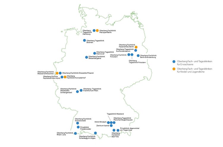 Standortkarte der Oberberg Fach- und Tageskliniken Deutschlandkarte mit den Standorten der Oberberg Fach- und Tageskliniken