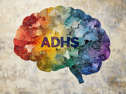 stilistisches Gehirn dargestellt aus bunten Puzzleteilen, Schriftzug ADHS